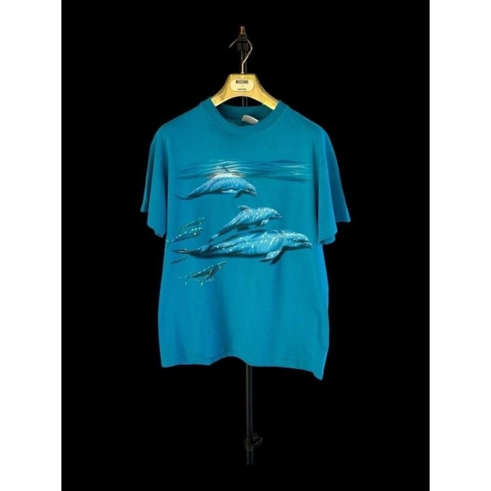 Vintage Habitat Dolphins Ocean Tshirt Medium Single Stitch Dee Smith 1994 Blue